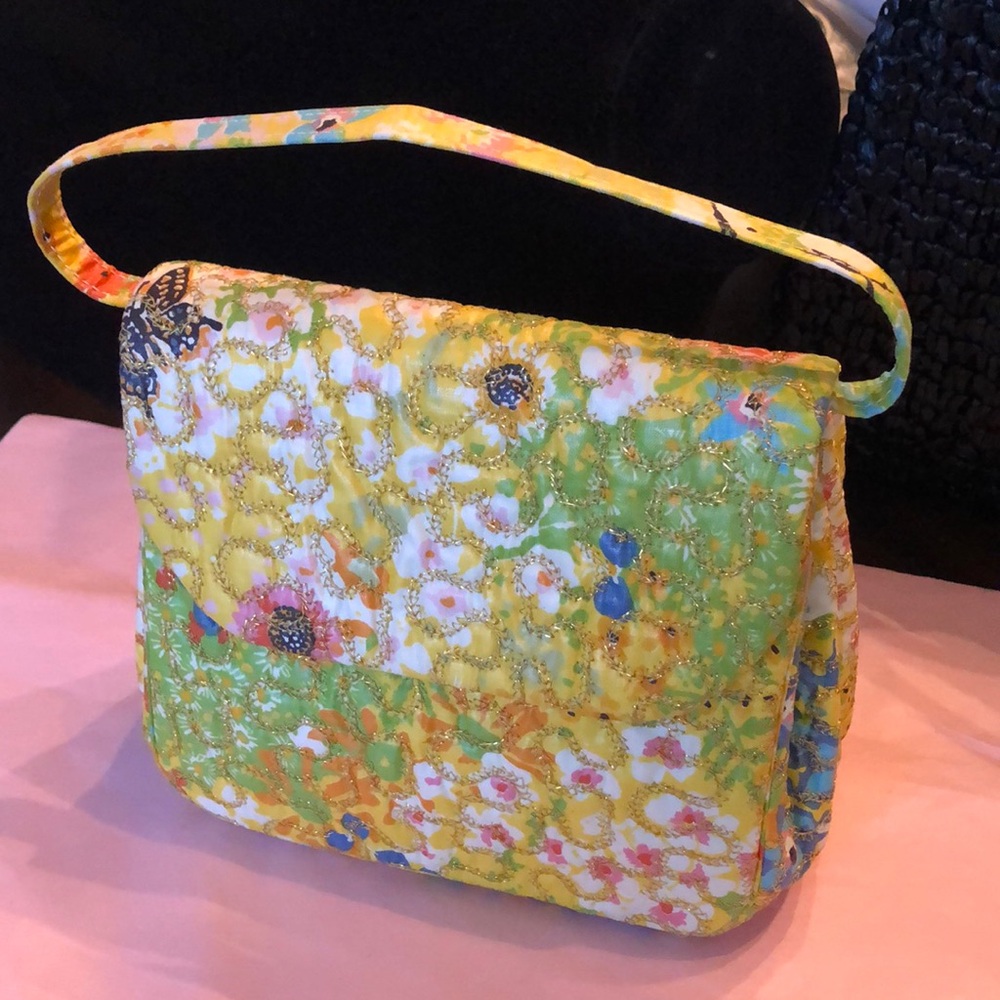 🦋 Elaine Shop metallic gold thread/garden print fabric hand bag, mirror, purse